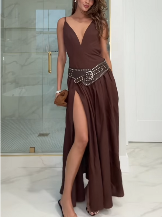 Chocolate Chip Deep V Suspender Dress