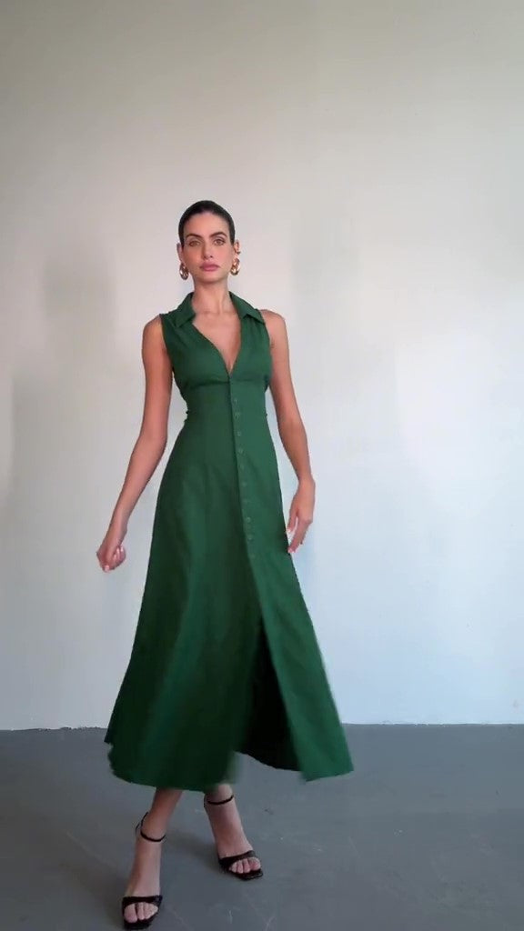 Linen Halter Lapel Maxi Dress