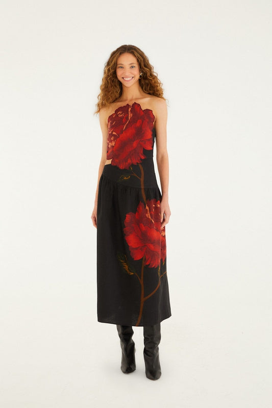 Black Rose Print Midi Dress