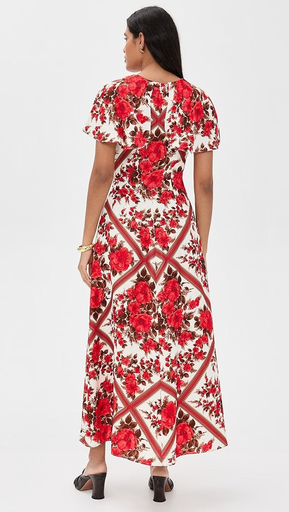 Vintage Floral Flutter-Sleeve Maxi Dress