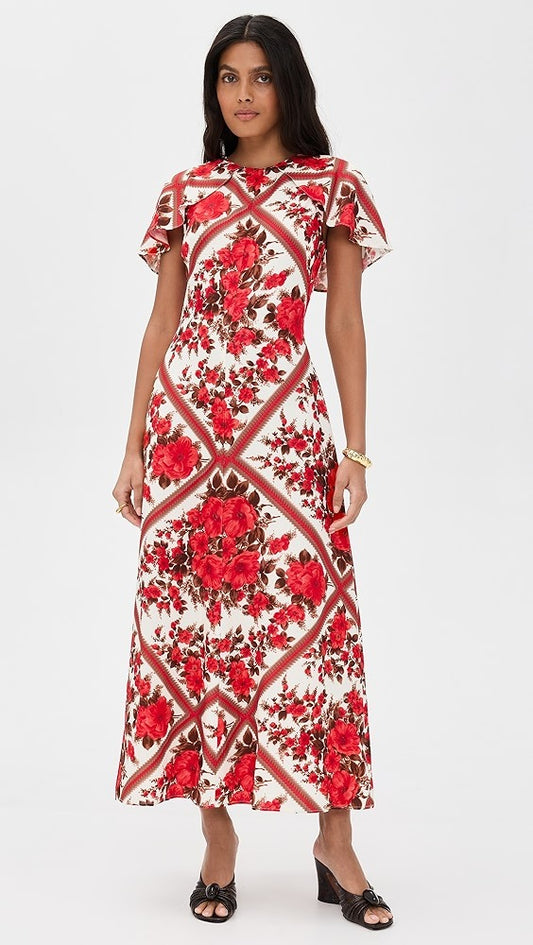 Vintage Floral Flutter-Sleeve Maxi Dress