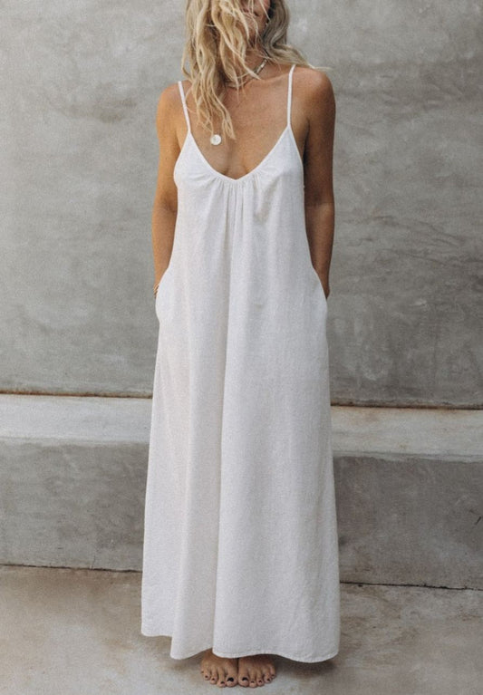 Crisp White Cotton-Linen Vacation Maxi Dress