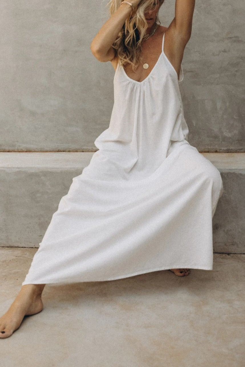 Crisp White Cotton-Linen Vacation Maxi Dress