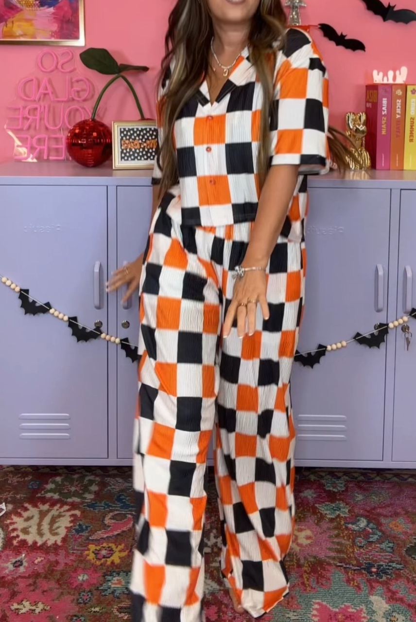 Halloween Check Print Loungewear Set – Orange 2-Piece Outfit
