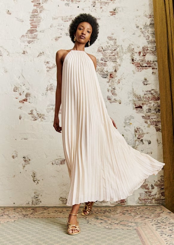 Pleated halter back maxi dress