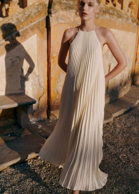 Pleated halter back maxi dress