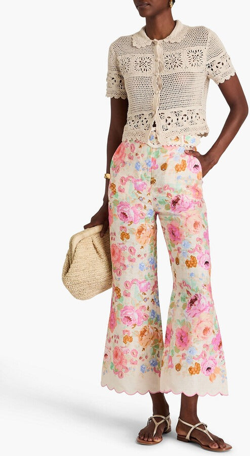 Floral suspenders cropped flared pants suit