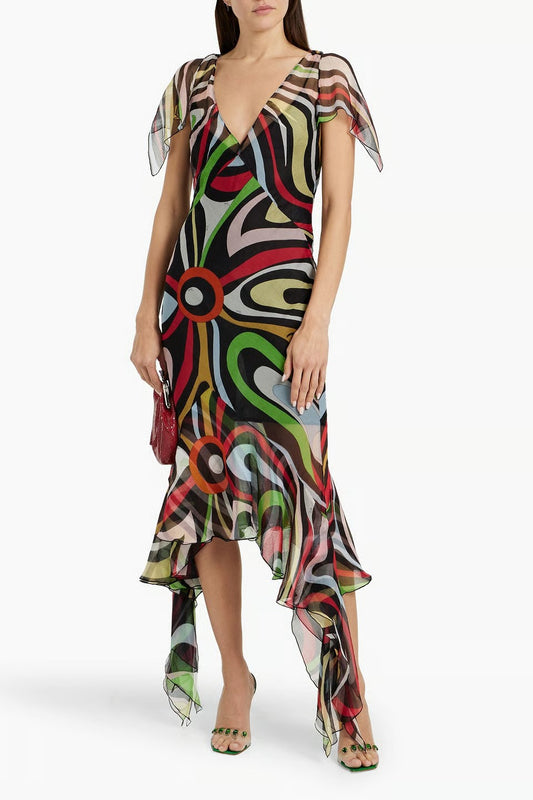 Chiffon Print Ruffle Midi Dress In Multicolor