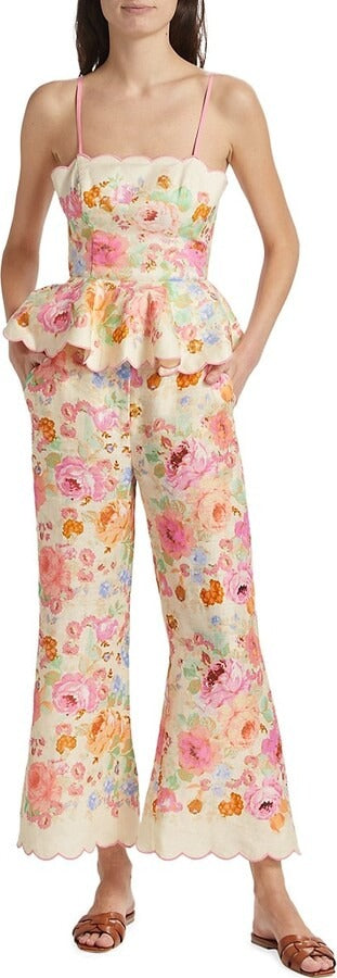 Floral suspenders cropped flared pants suit