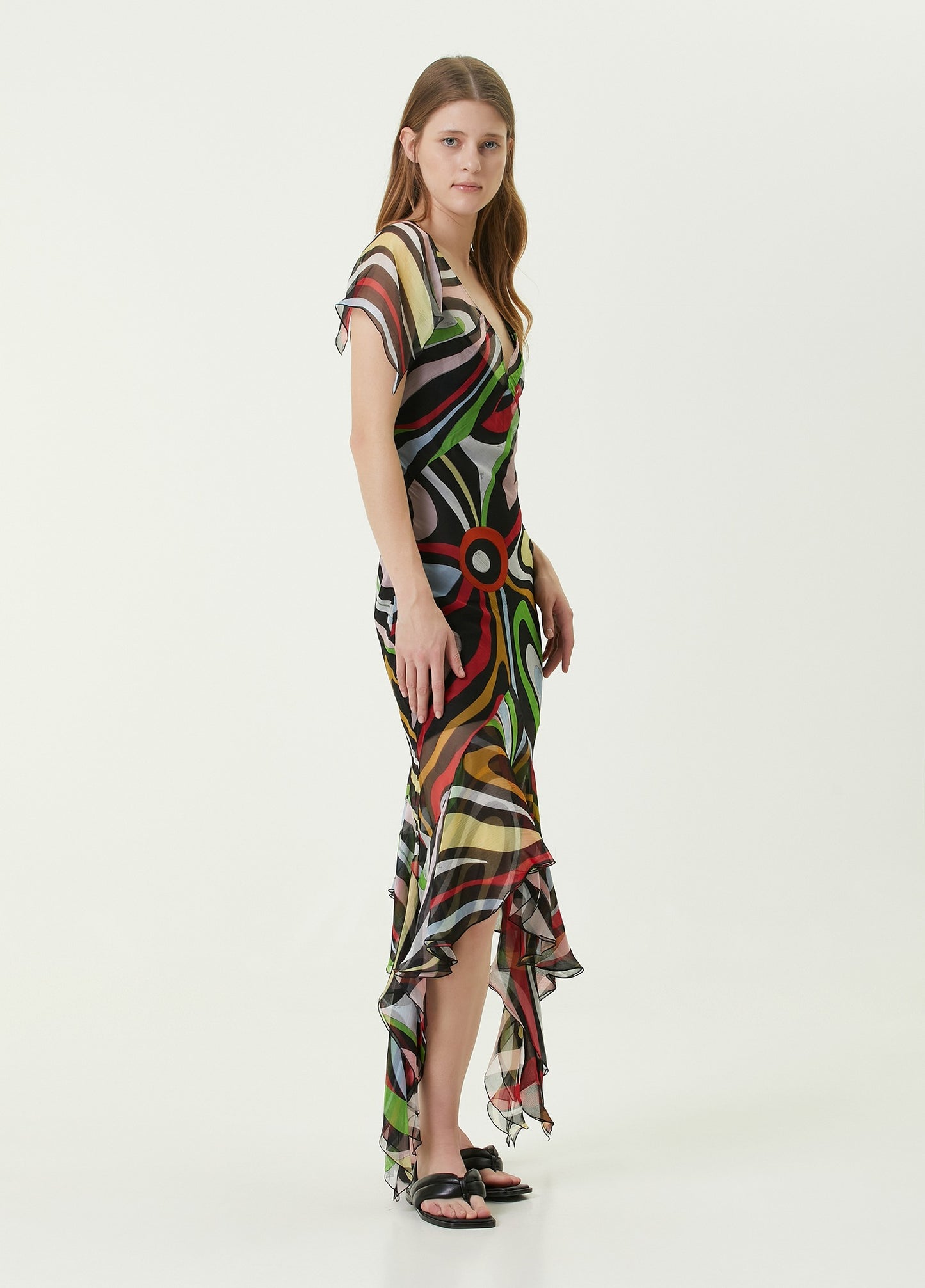 Chiffon Print Ruffle Midi Dress In Multicolor