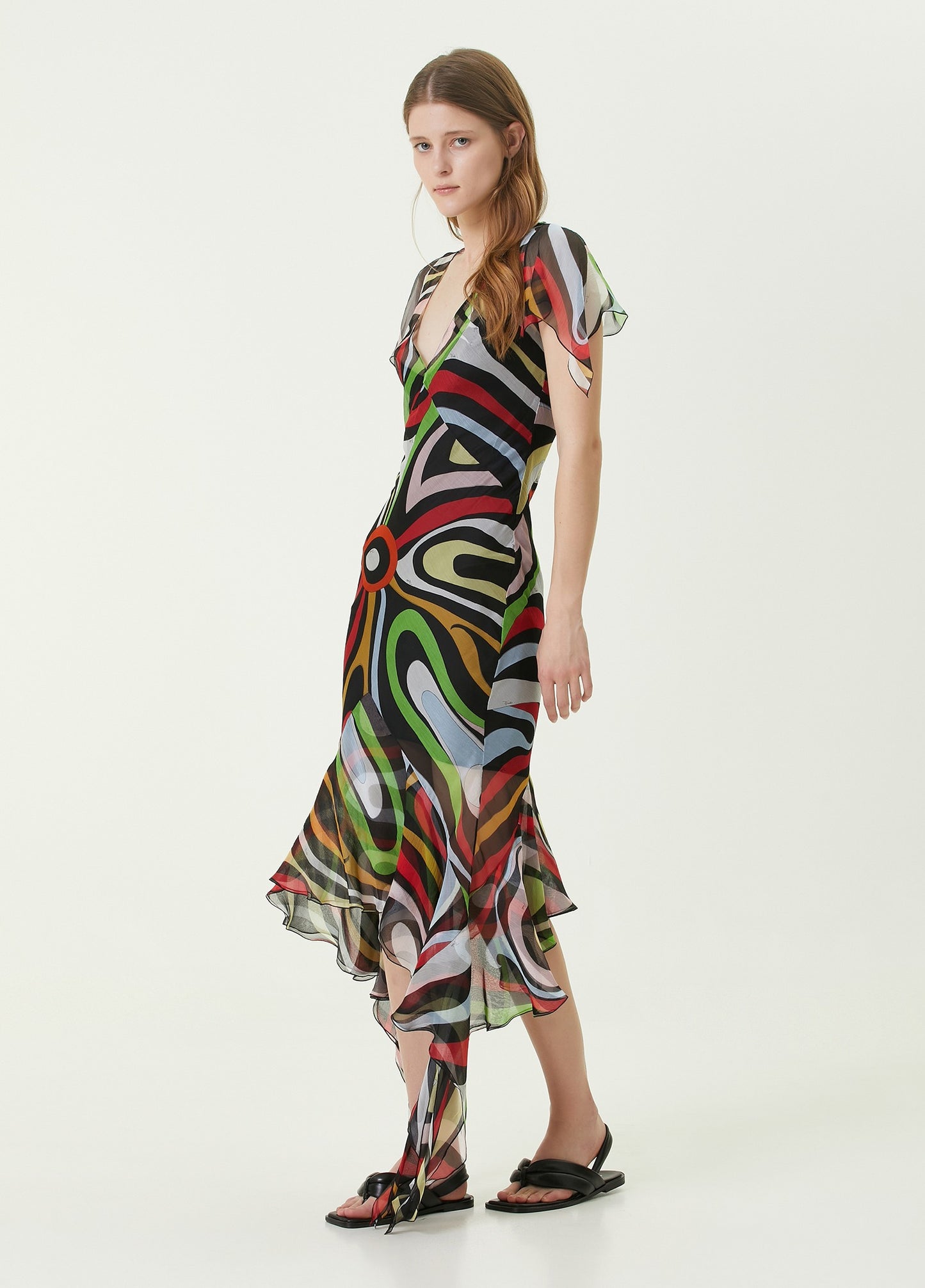 Chiffon Print Ruffle Midi Dress In Multicolor
