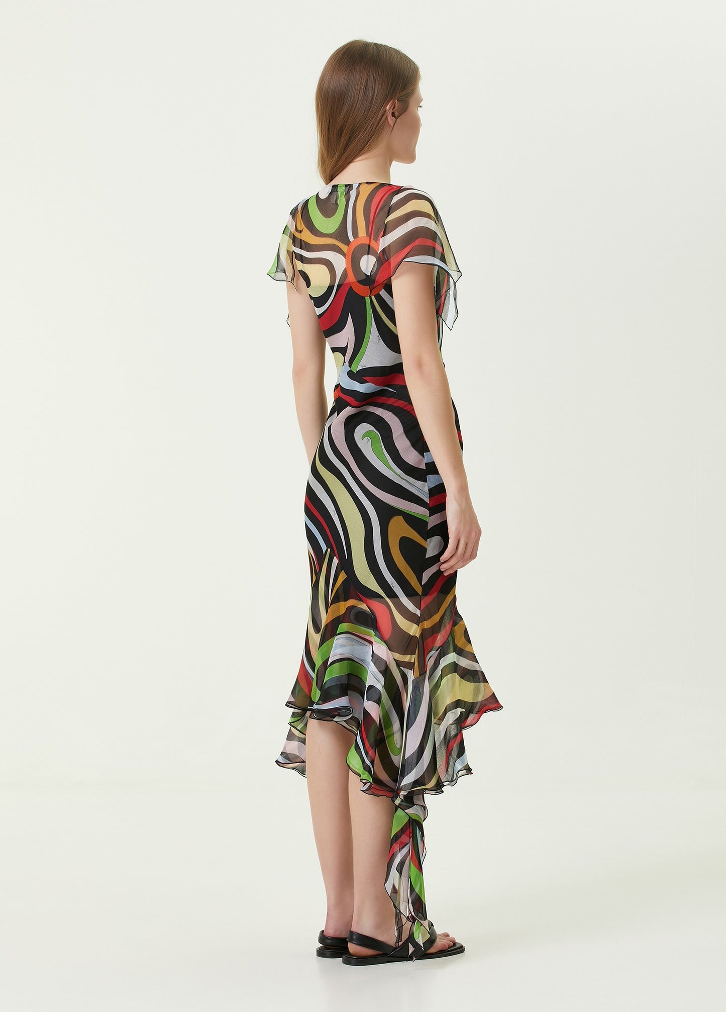 Chiffon Print Ruffle Midi Dress In Multicolor