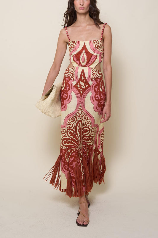 Cutout Fringe Trim Linen Maxi Dress