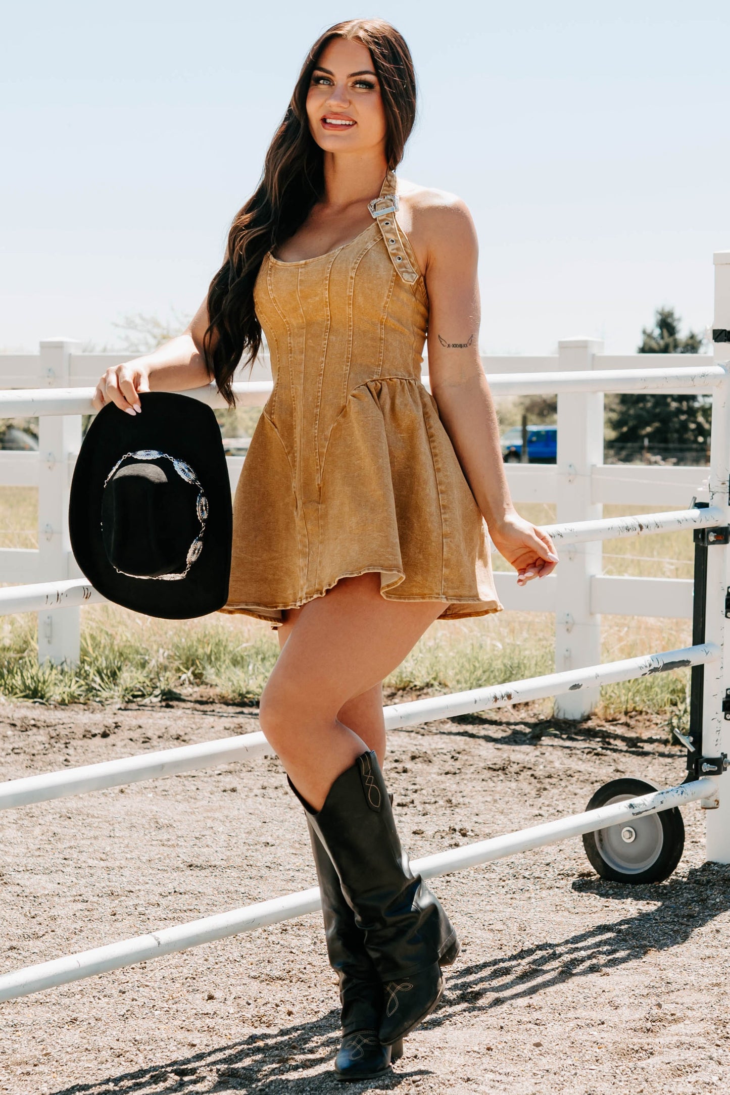 Fleeting Moments Denim Halter Mini Dress (Rust)