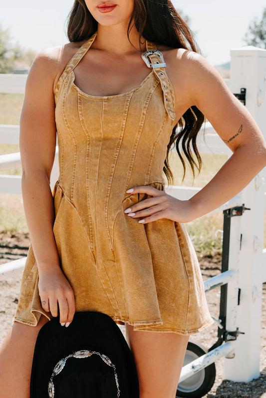 Fleeting Moments Denim Halter Mini Dress (Rust)