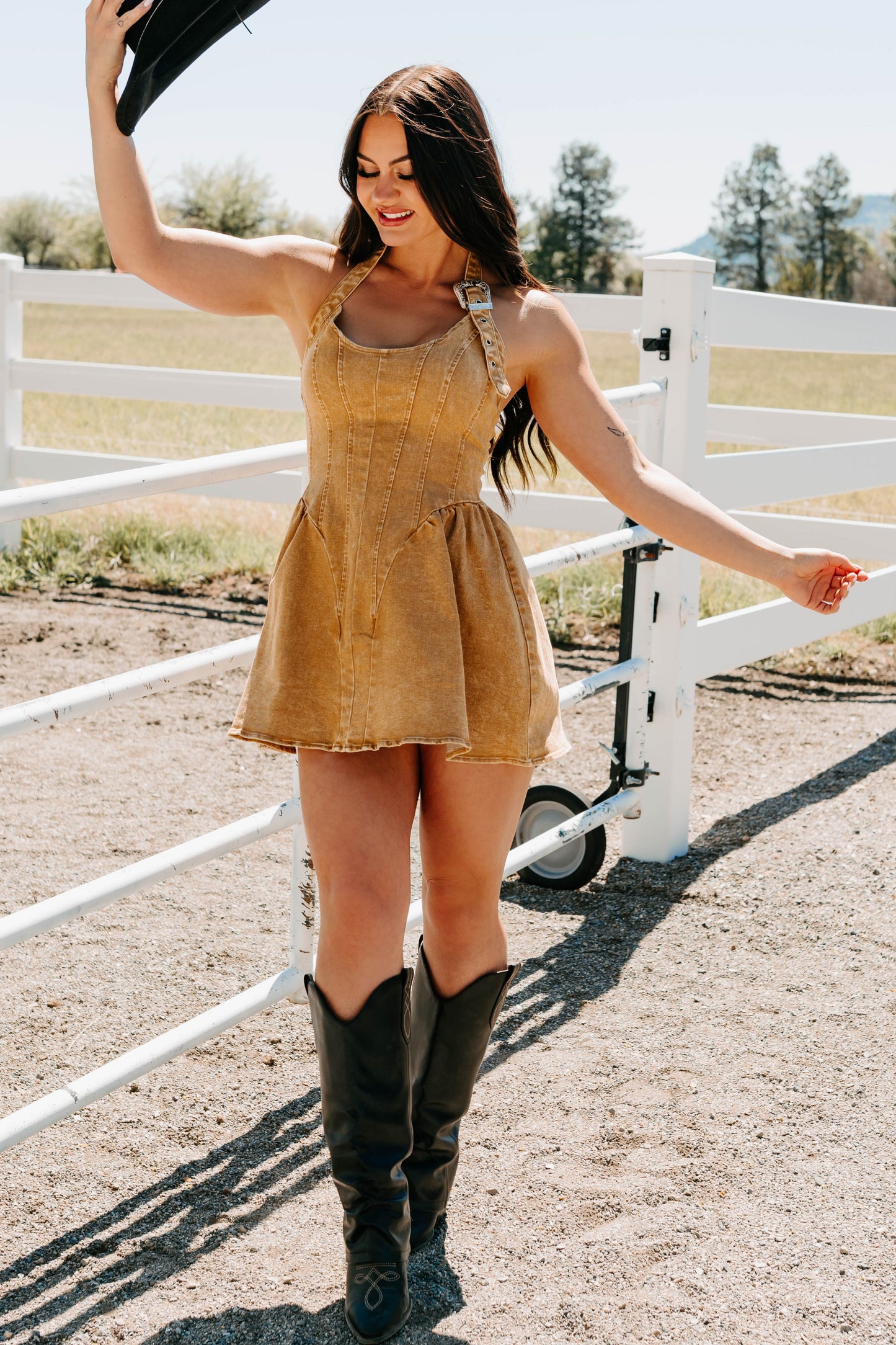 Fleeting Moments Denim Halter Mini Dress (Rust)