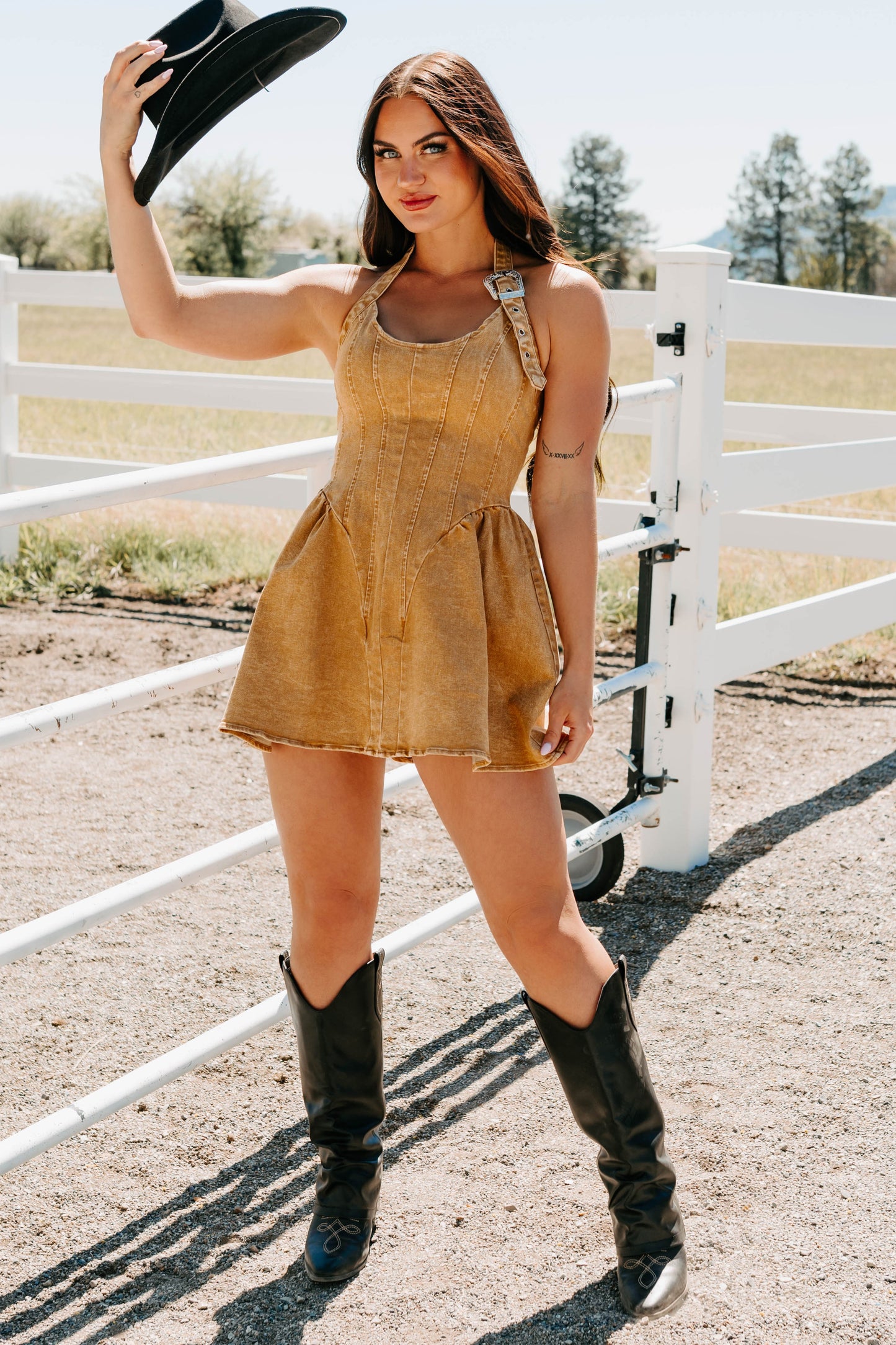 Fleeting Moments Denim Halter Mini Dress (Rust)