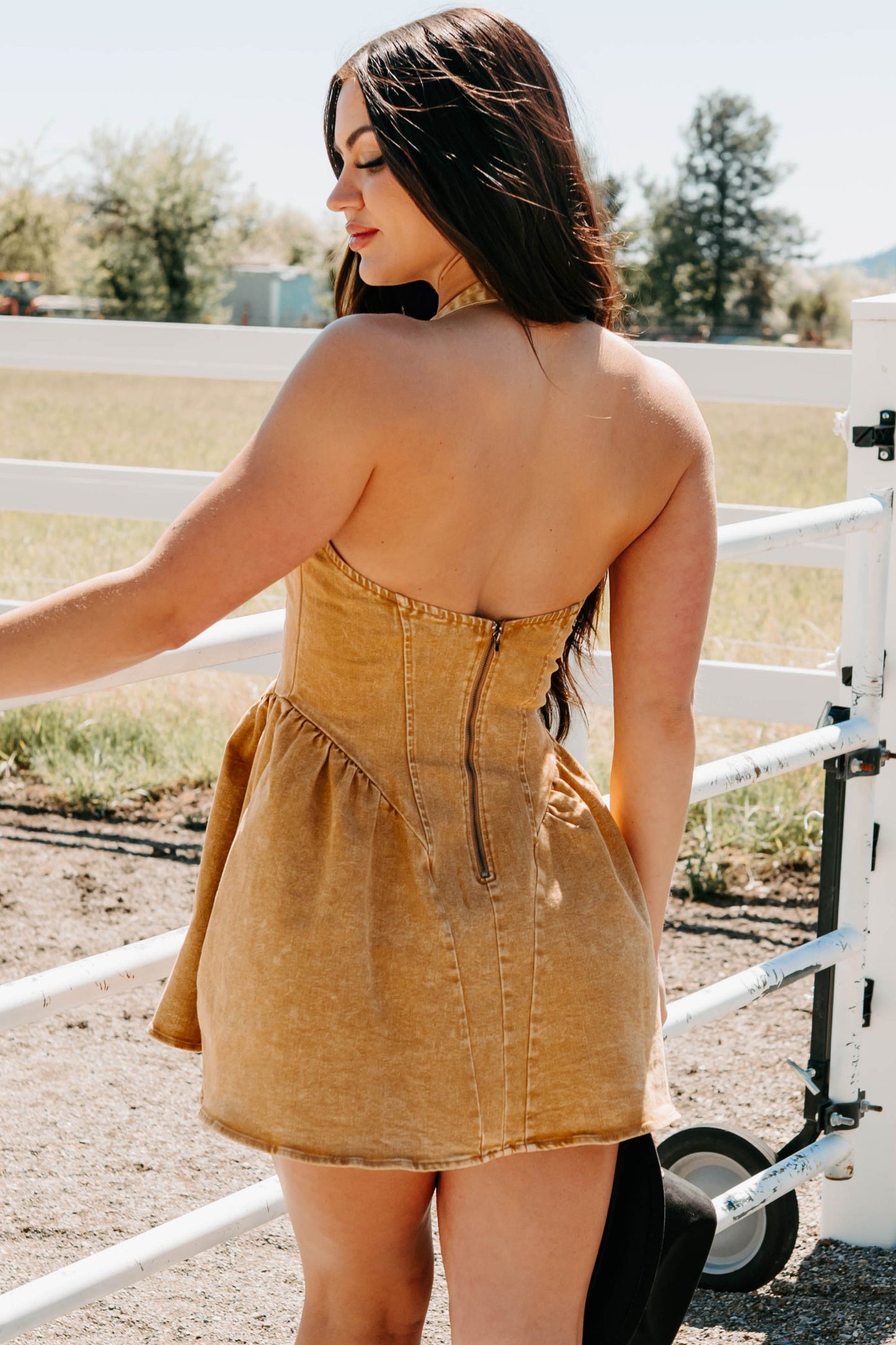Fleeting Moments Denim Halter Mini Dress (Rust)
