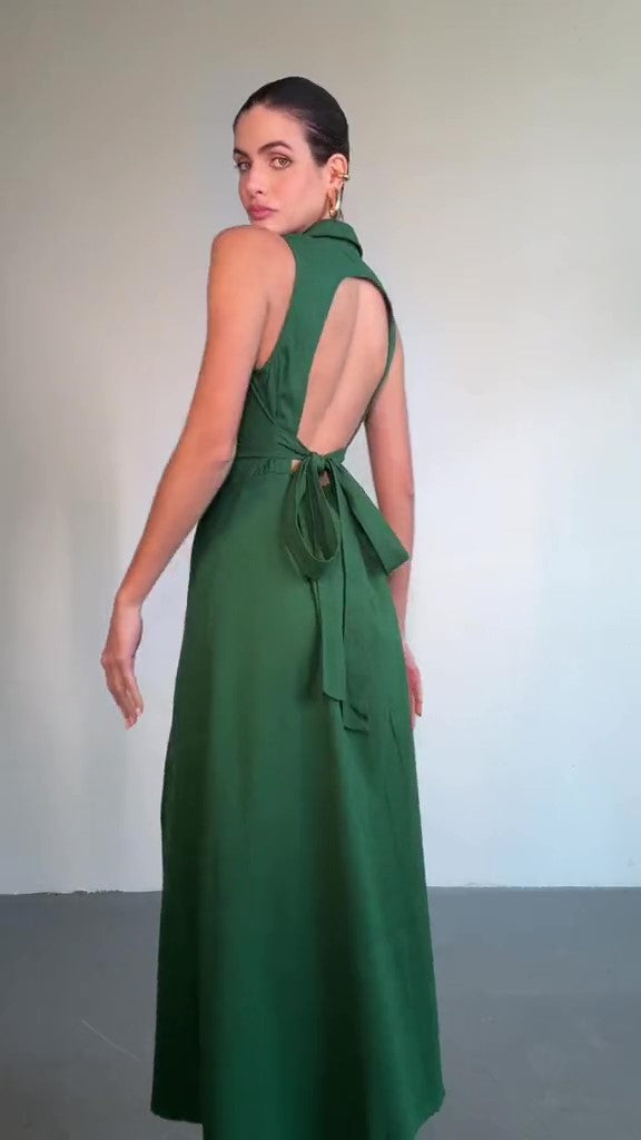 Linen Halter Lapel Maxi Dress