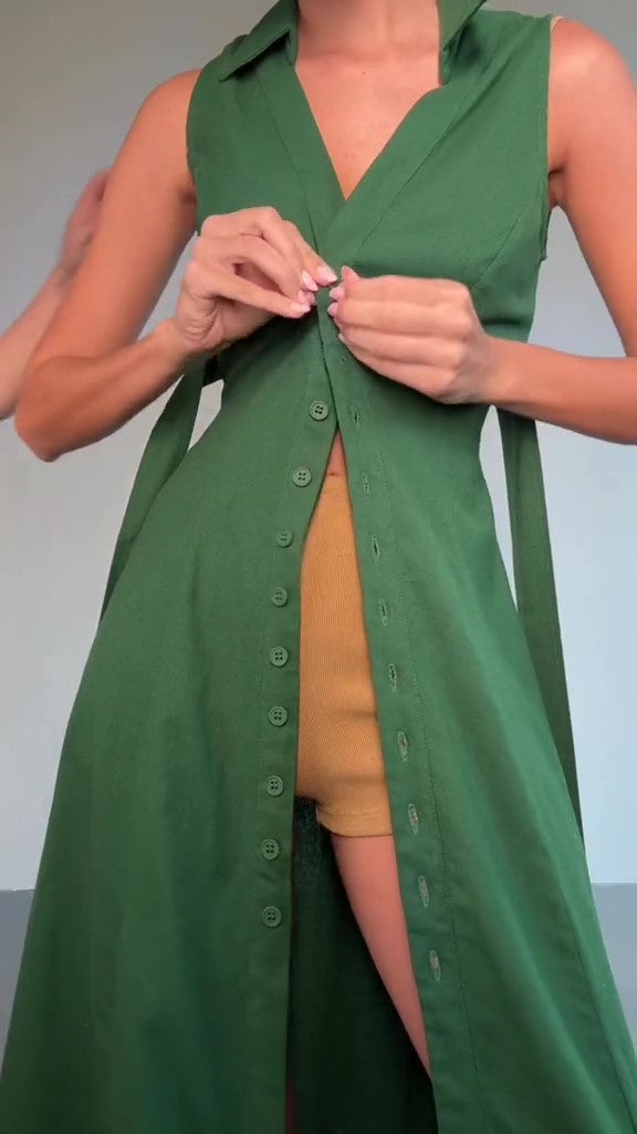 Linen Halter Lapel Maxi Dress