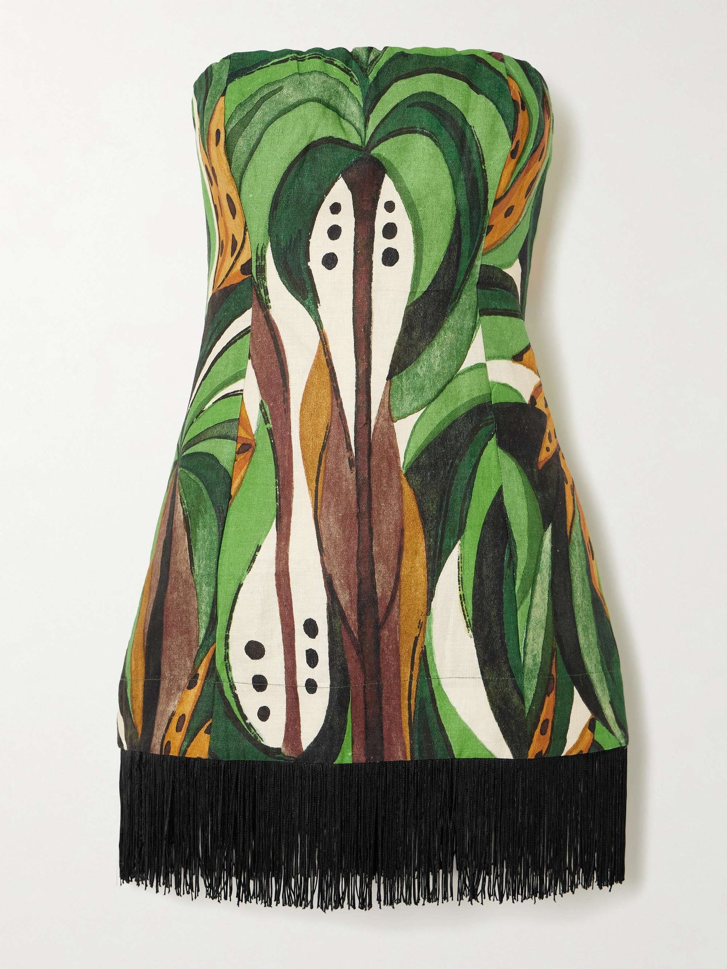 Coconut Tree Flow Strapless Fringed Printed Linen Top In Green