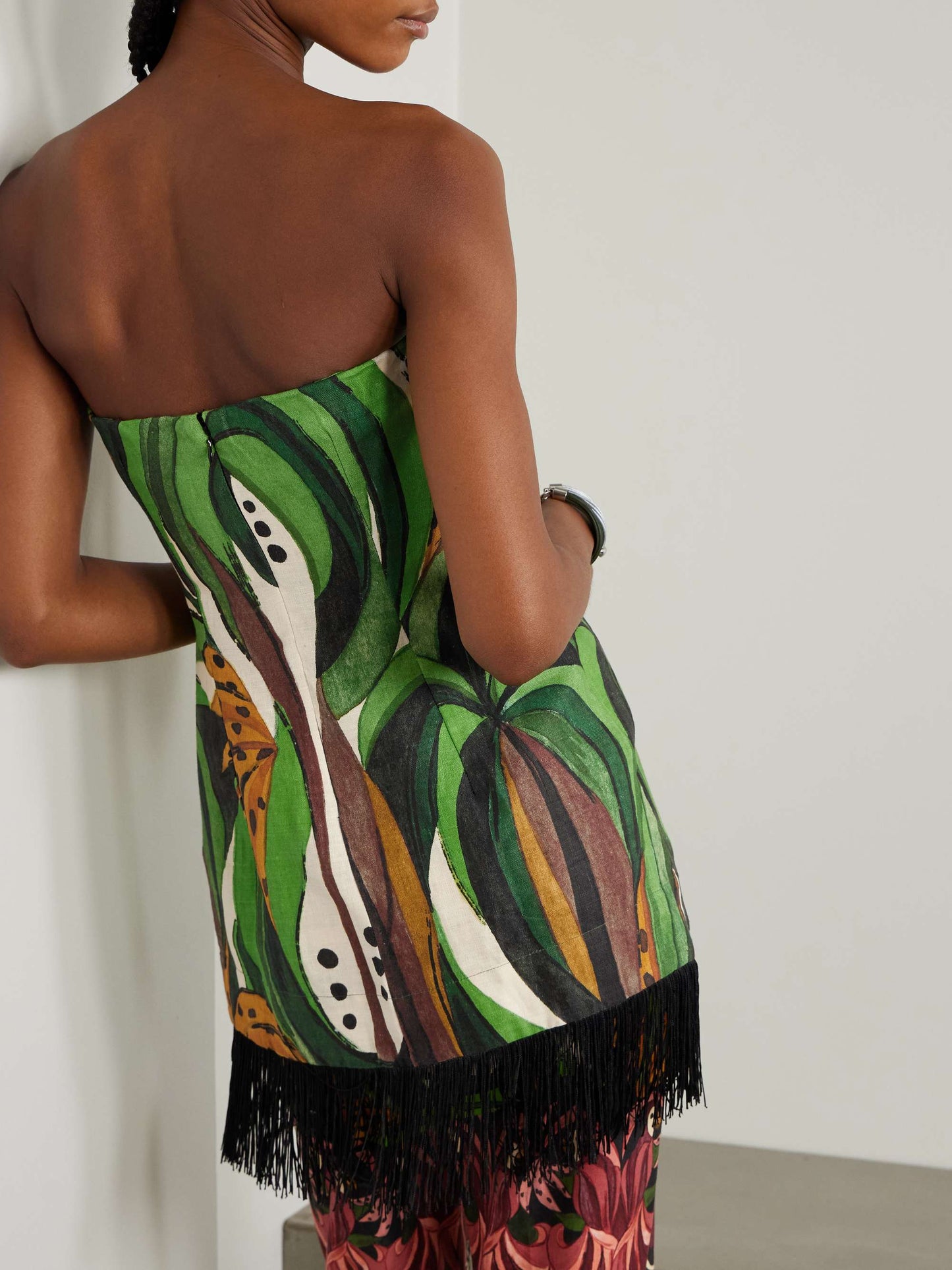 Coconut Tree Flow Strapless Fringed Printed Linen Top In Green